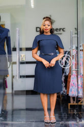 Elegant navy blue official dress with pleats